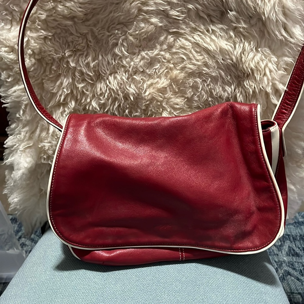 Stone Mountain red leather crossbody messenger bag with white trim